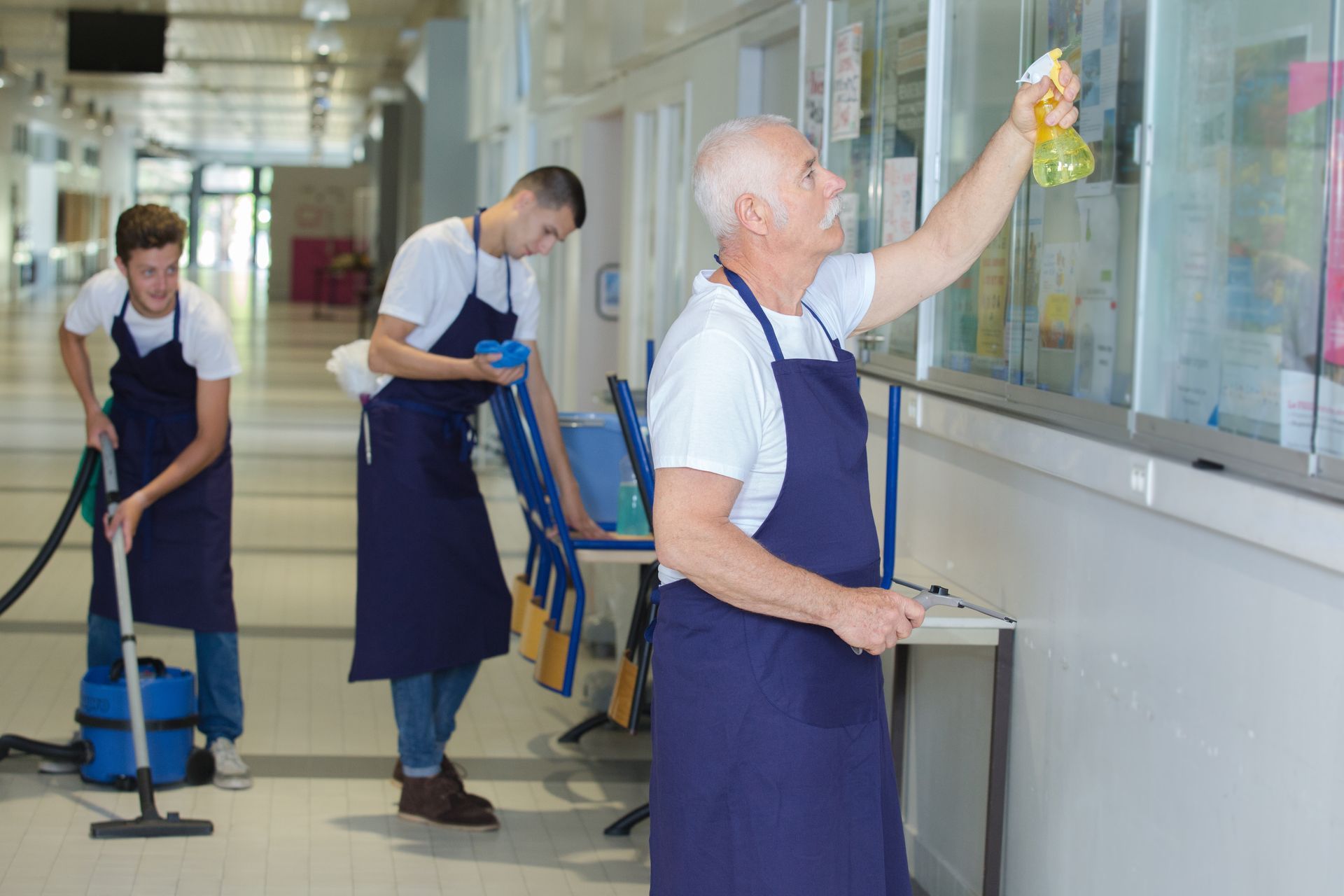 A group of janitors are cleaning a hospital hallway.