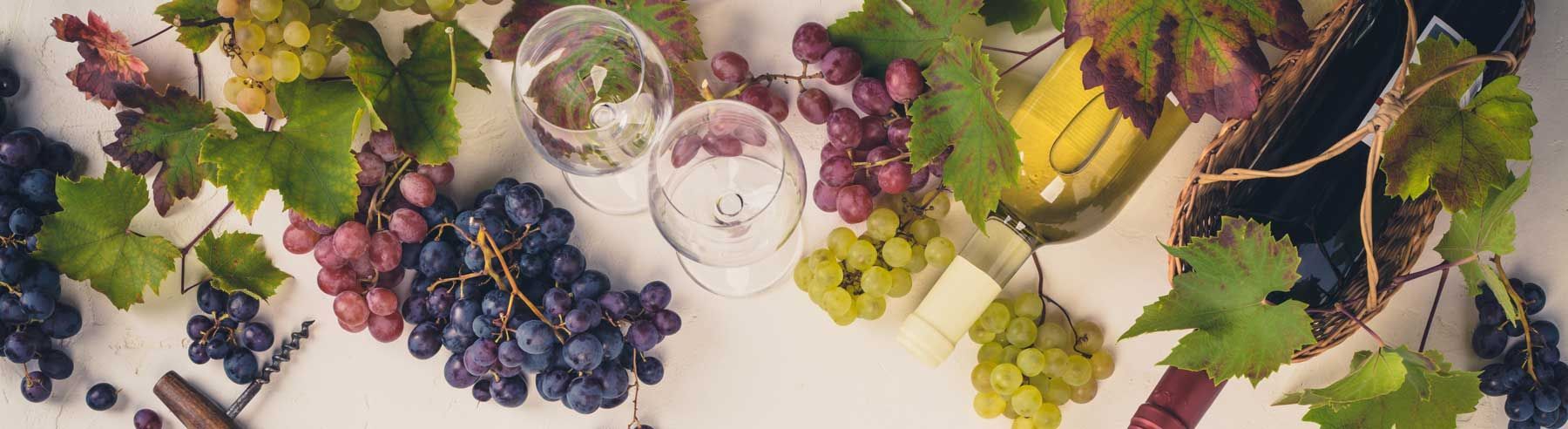 There are many different types of grapes and wine glasses on the table.