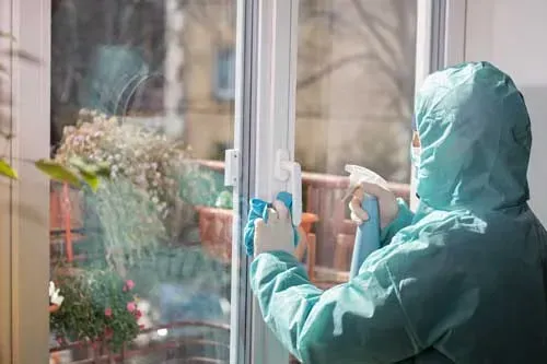 A person in a protective suit is cleaning a window.