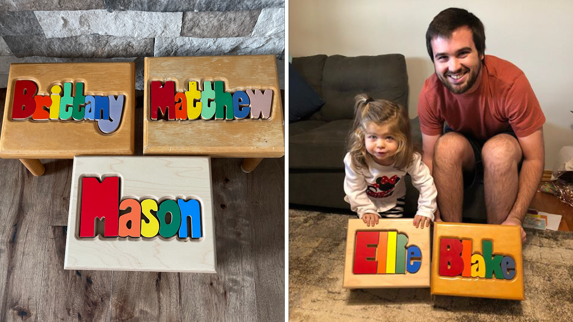 Five wooden puzzle stools with colorful names—Brittany, Matthew, Mason, Ellie, and Blake; two held by a father and daughter.