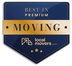 A blue and gold badge that says best in premium moving