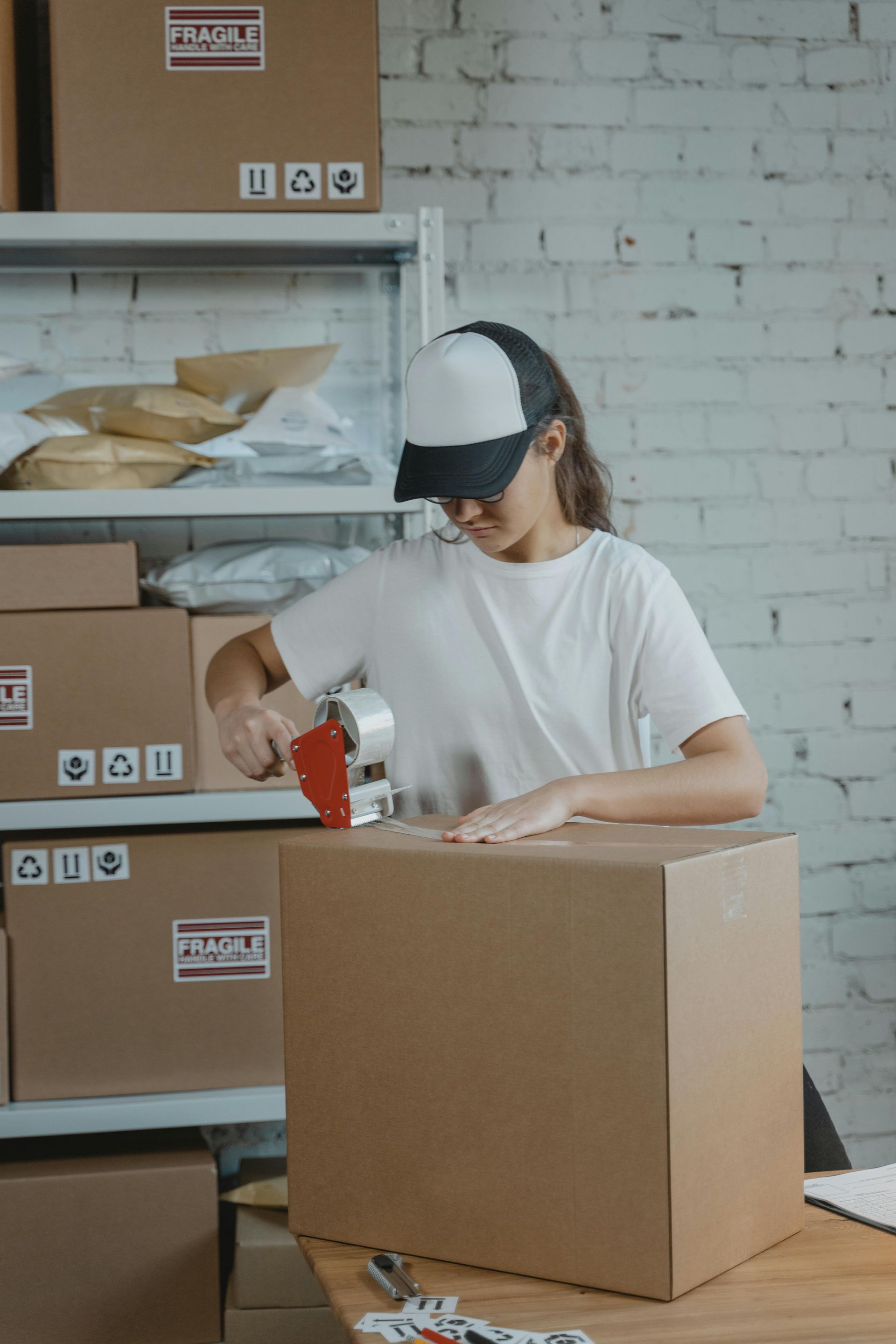 A woman is taping a cardboard box in a warehouse.