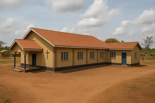Tan church building with brown roof and blue doors, set in a dry, open field under a cloudy sky.