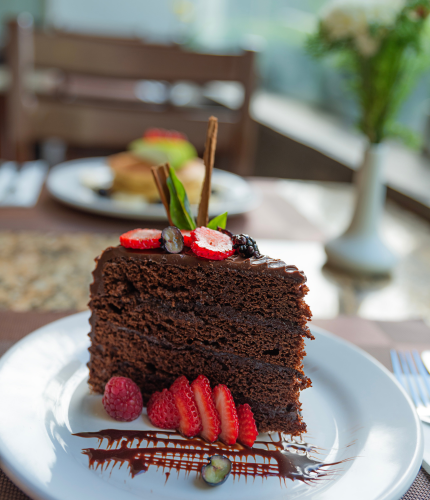 Rebanada de pastel de chocolate con frutos rojos y salsa de chocolate sobre un plato blanco.