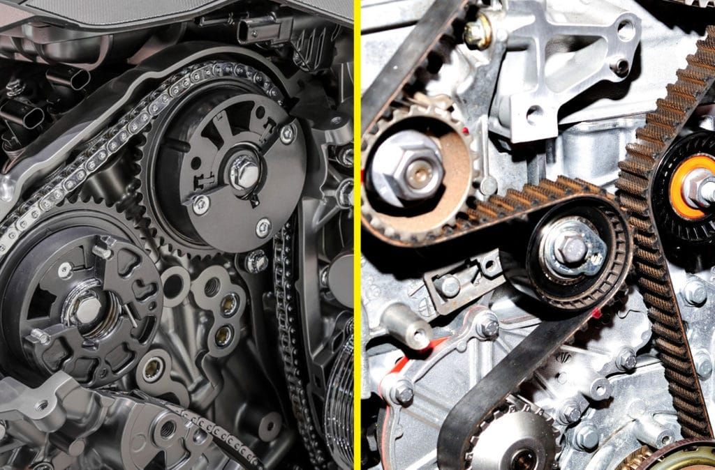 mechanic inspecting timing belt and timing chain components in a car engine at auto repair shop