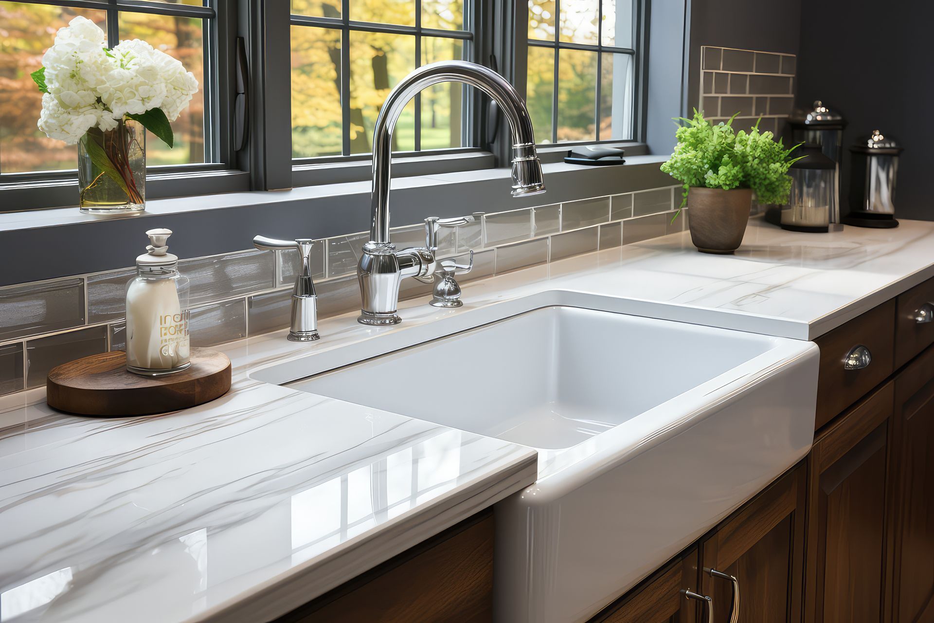 Kitchen with white farmhouse sink, chrome faucet, marble countertop, and gray backsplash.