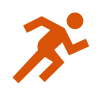 An orange icon of a person running on a white background.