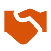 An orange and white handshake icon on a white background.