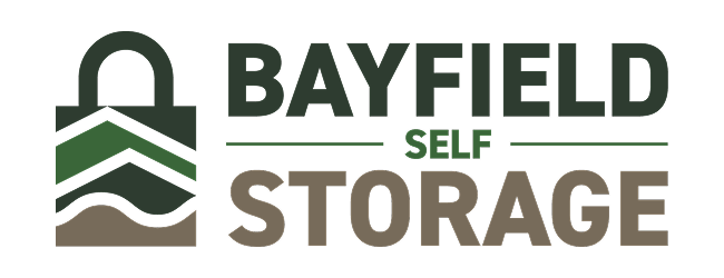 Bayfield Self Storage logo with a green storage icon and dark gray and brown text