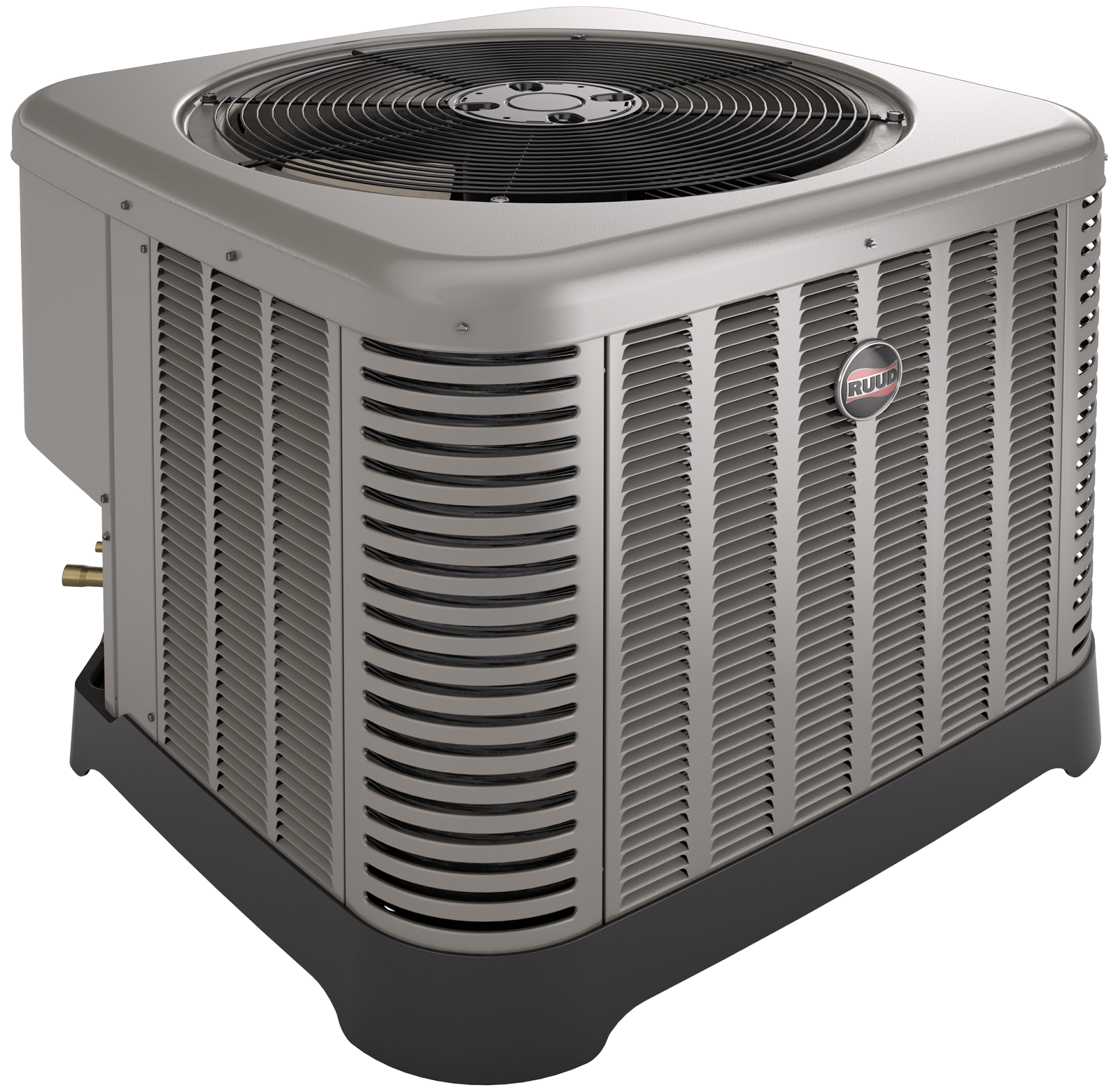 A silver air conditioner is sitting on a white surface.