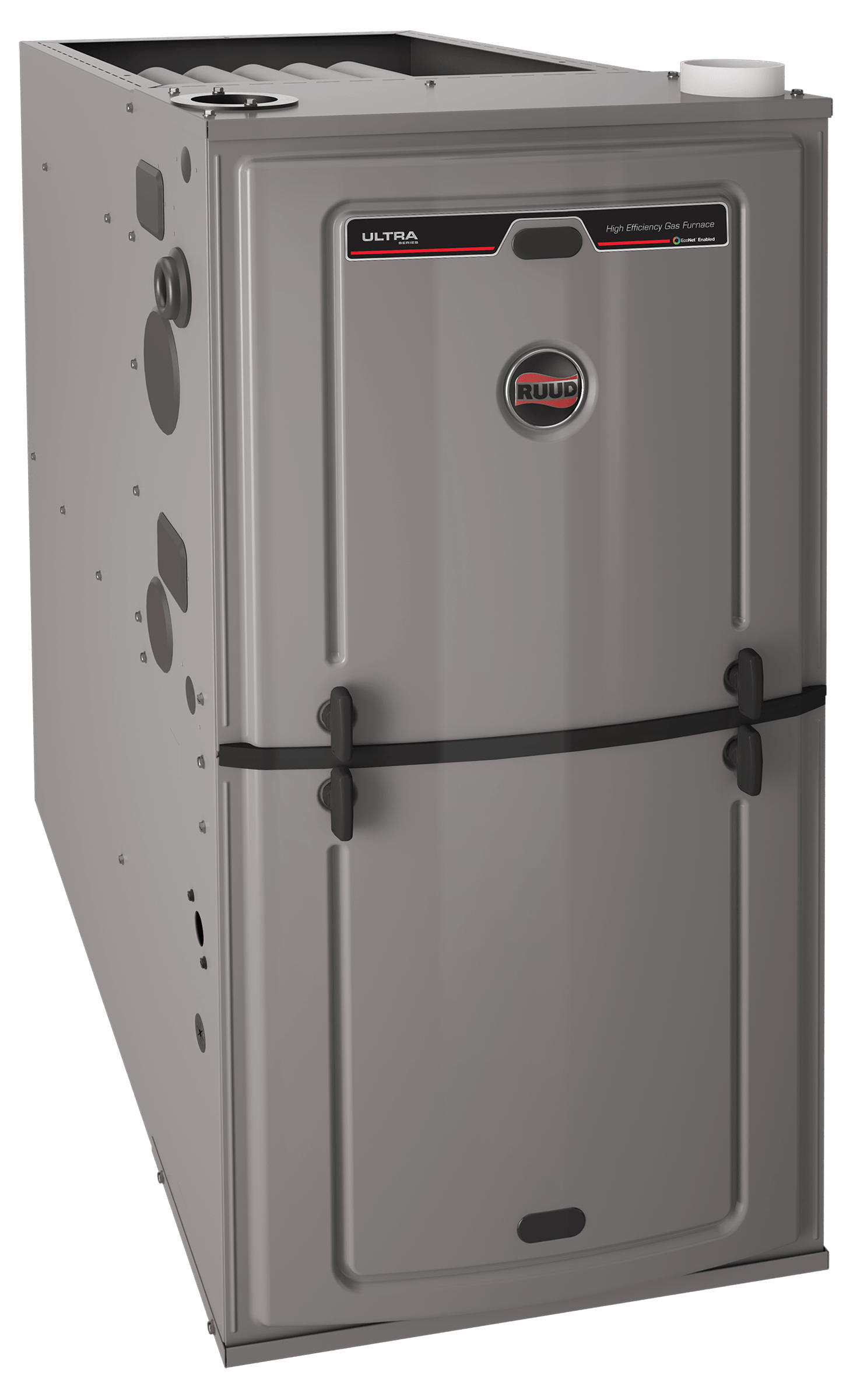 A stainless steel furnace is sitting on a white surface.