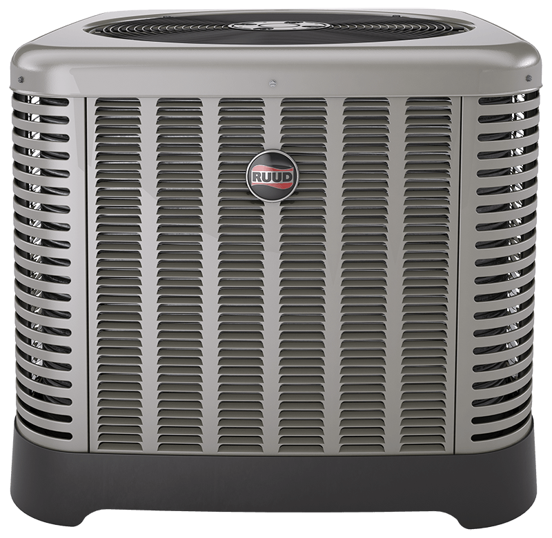 A gray and black air conditioner is sitting on a white surface.