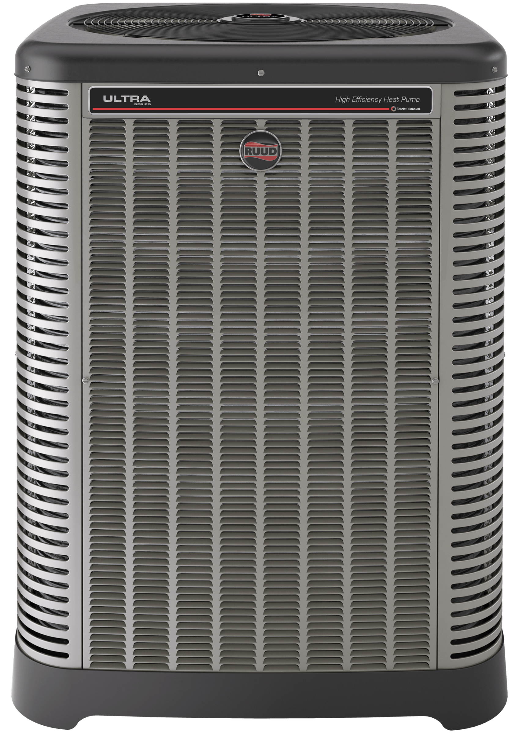A black and gray air conditioner is sitting on a white surface.