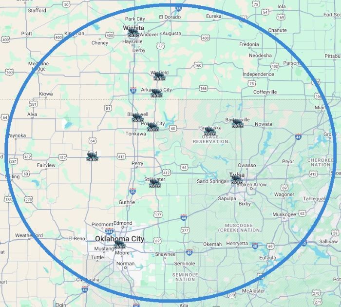 Our Service Area A map of the state of oklahoma and southern kansas with a circle around it