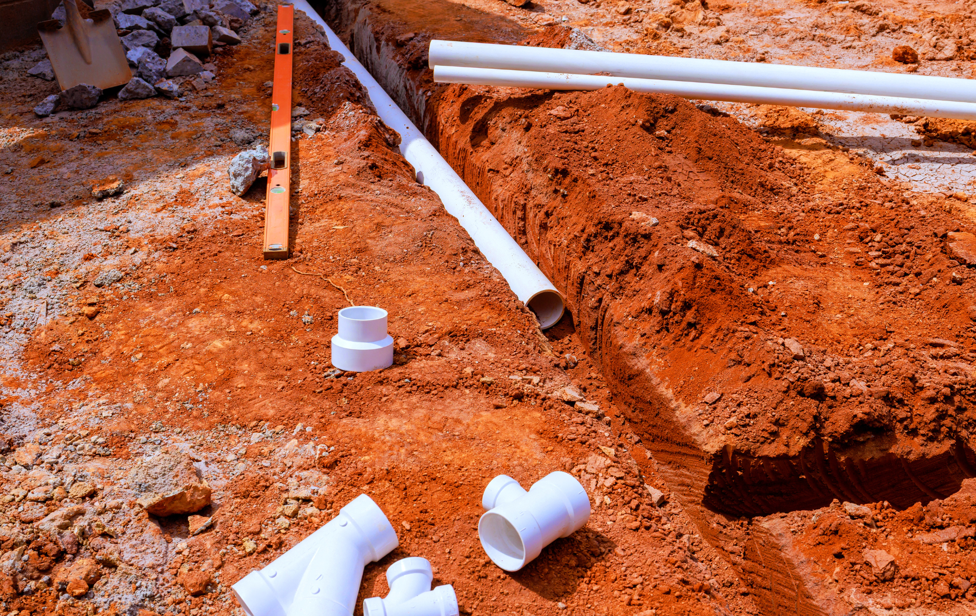 Trench with white PVC pipes, fittings, and a level. Red soil, outdoor construction site.