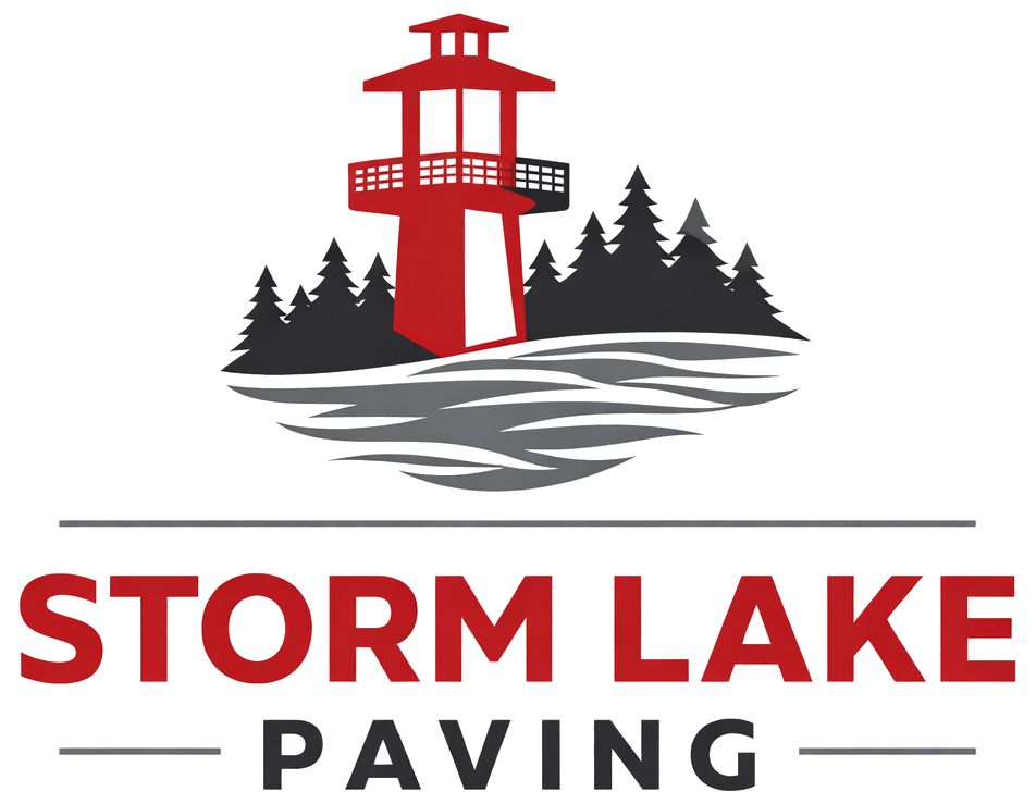 Logo: Red lighthouse, trees, and lake over company name 