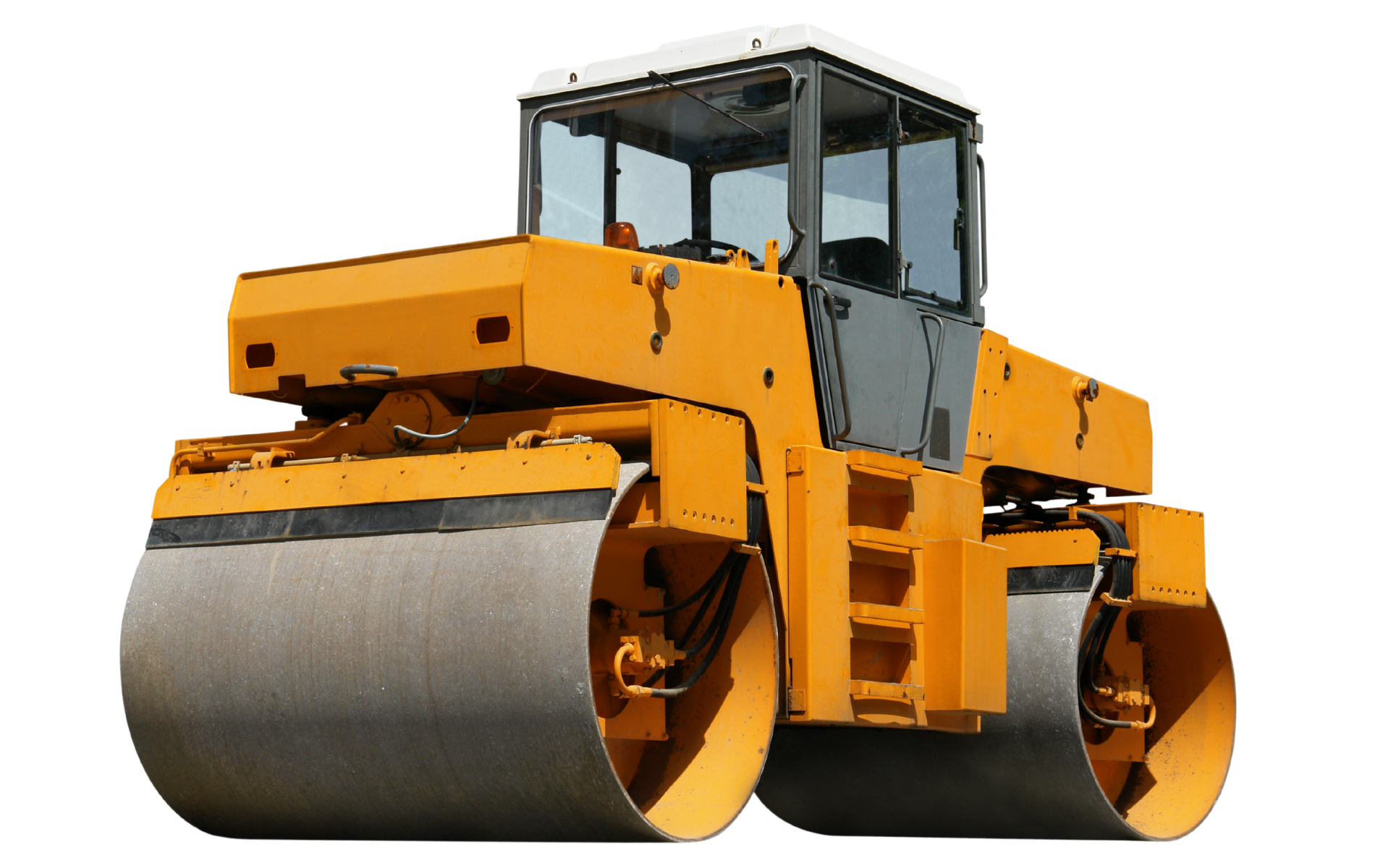 Yellow road roller compacting asphalt.