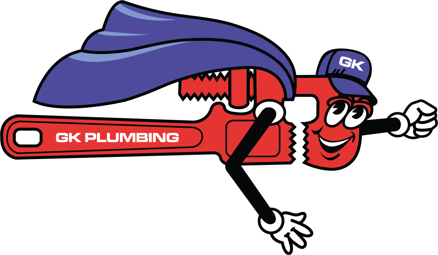 Cartoon wrench superhero with blue cape and hat, "BK Plumbing" on the wrench, flying and smiling.