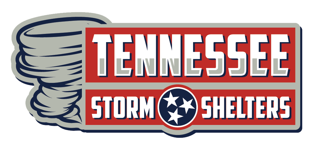 Logo for Tennessee Storm Shelters: gray tornado graphic beside text 