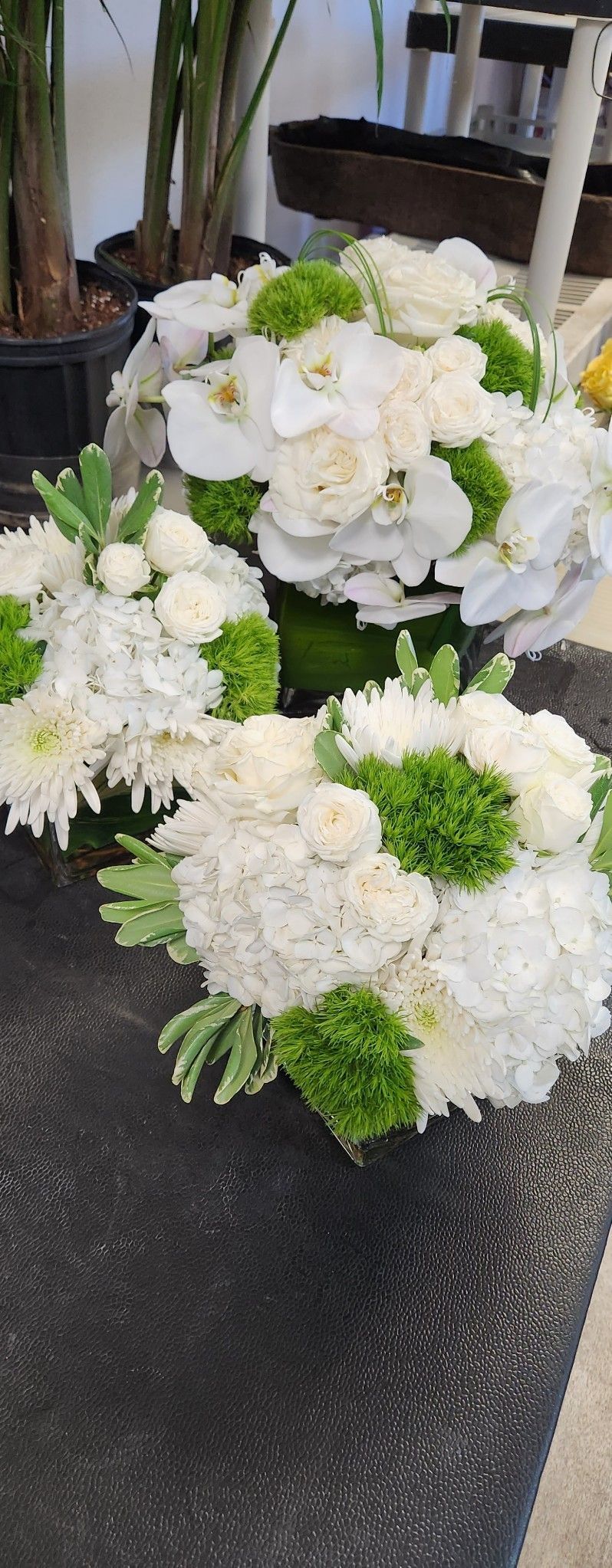 A bunch of white and green flowers are sitting on a table.