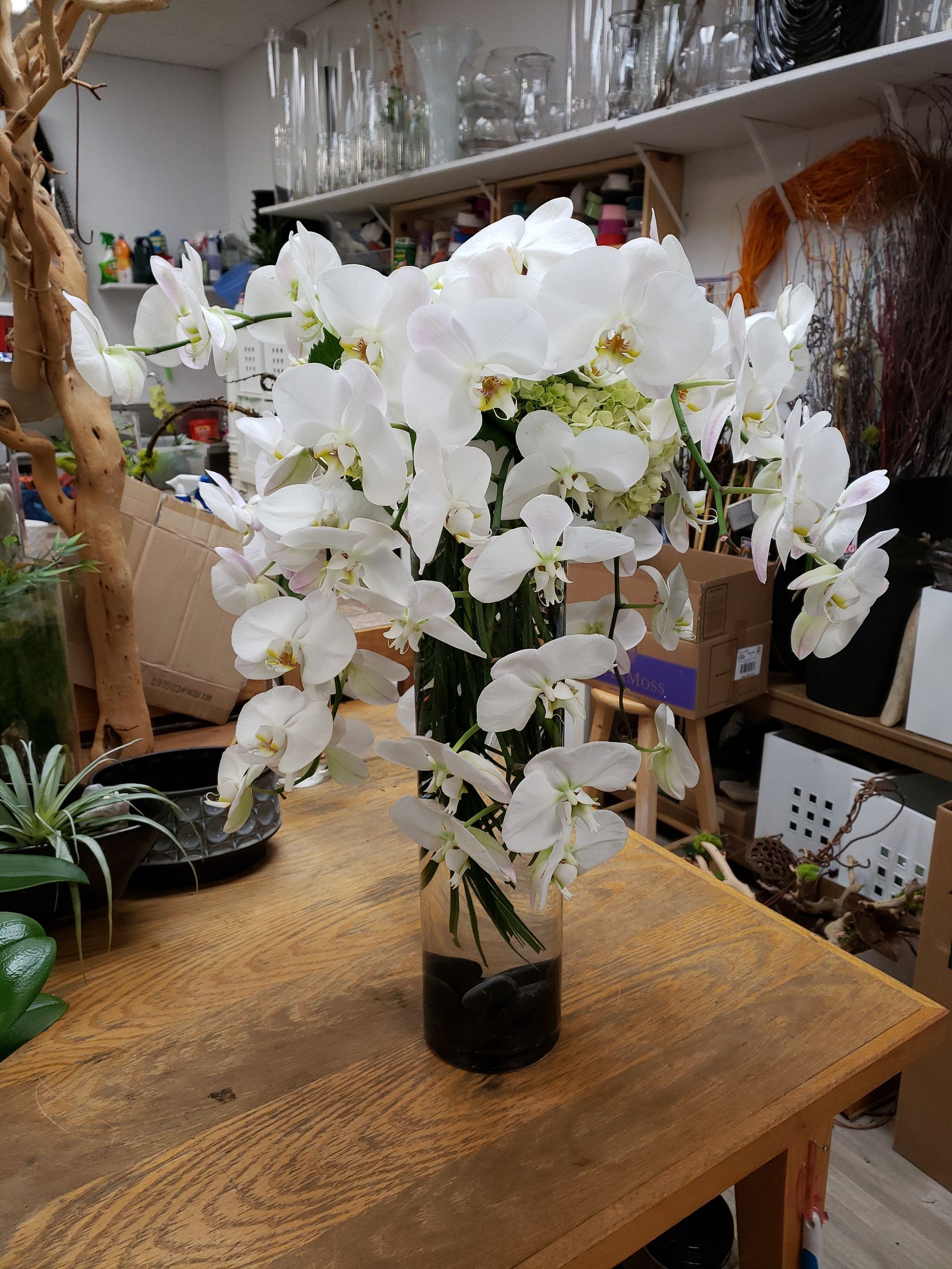 A vase filled with white flowers is sitting on a wooden table.