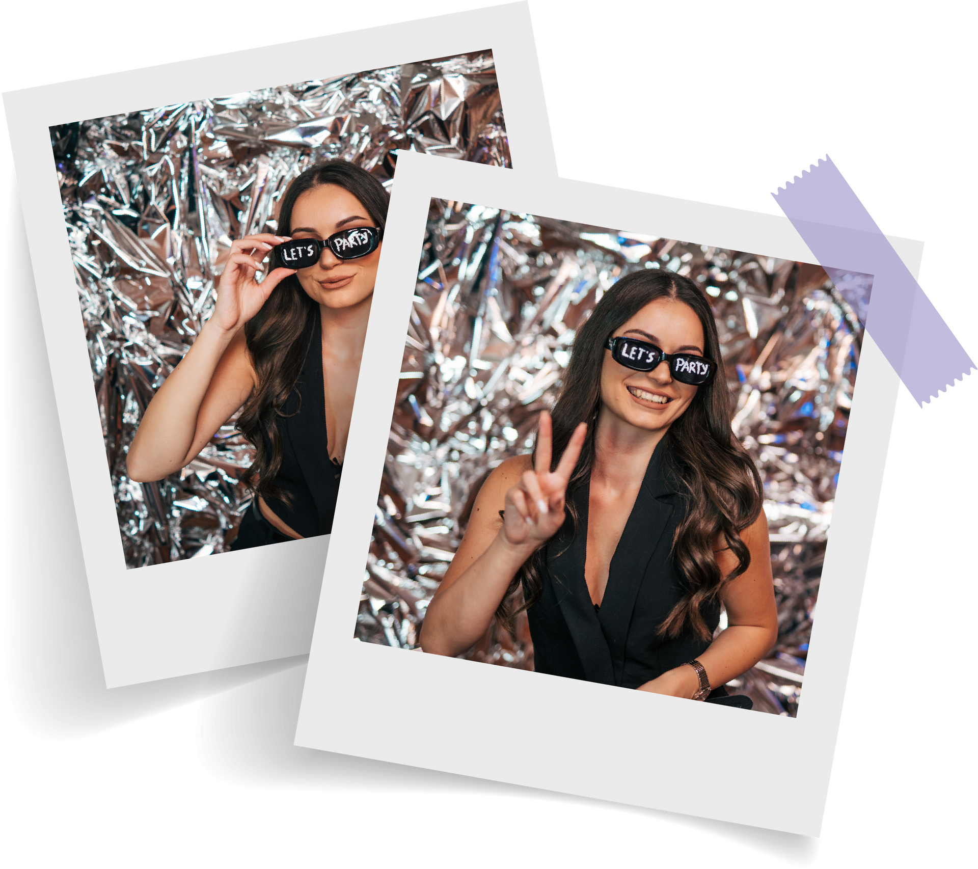 Two polaroid pictures of a woman wearing sunglasses and giving a peace sign.