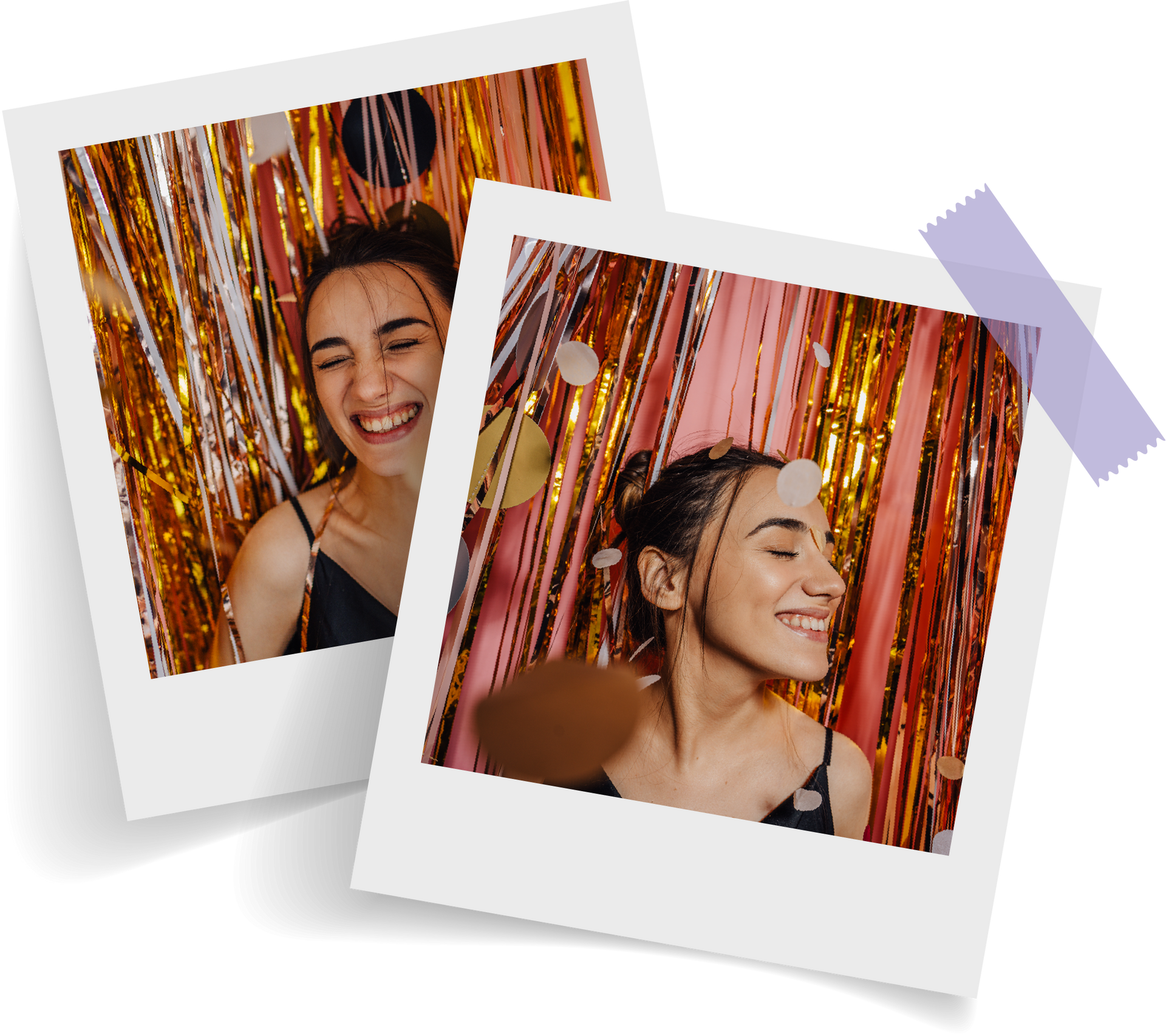 Two polaroid pictures of a woman smiling in front of a tinsel curtain.