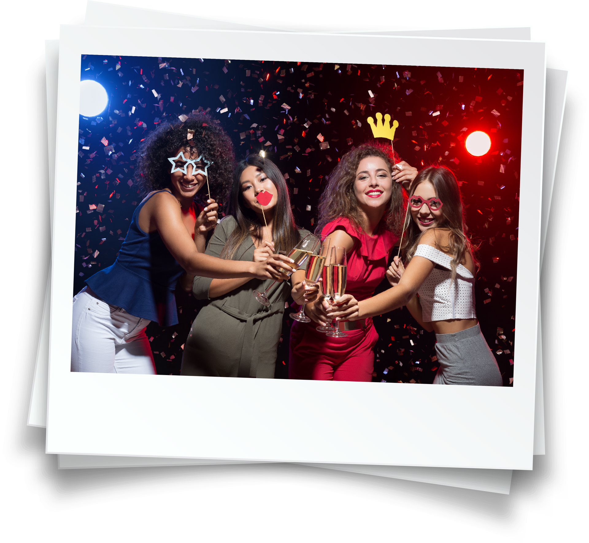 A group of women are holding champagne glasses at a party.