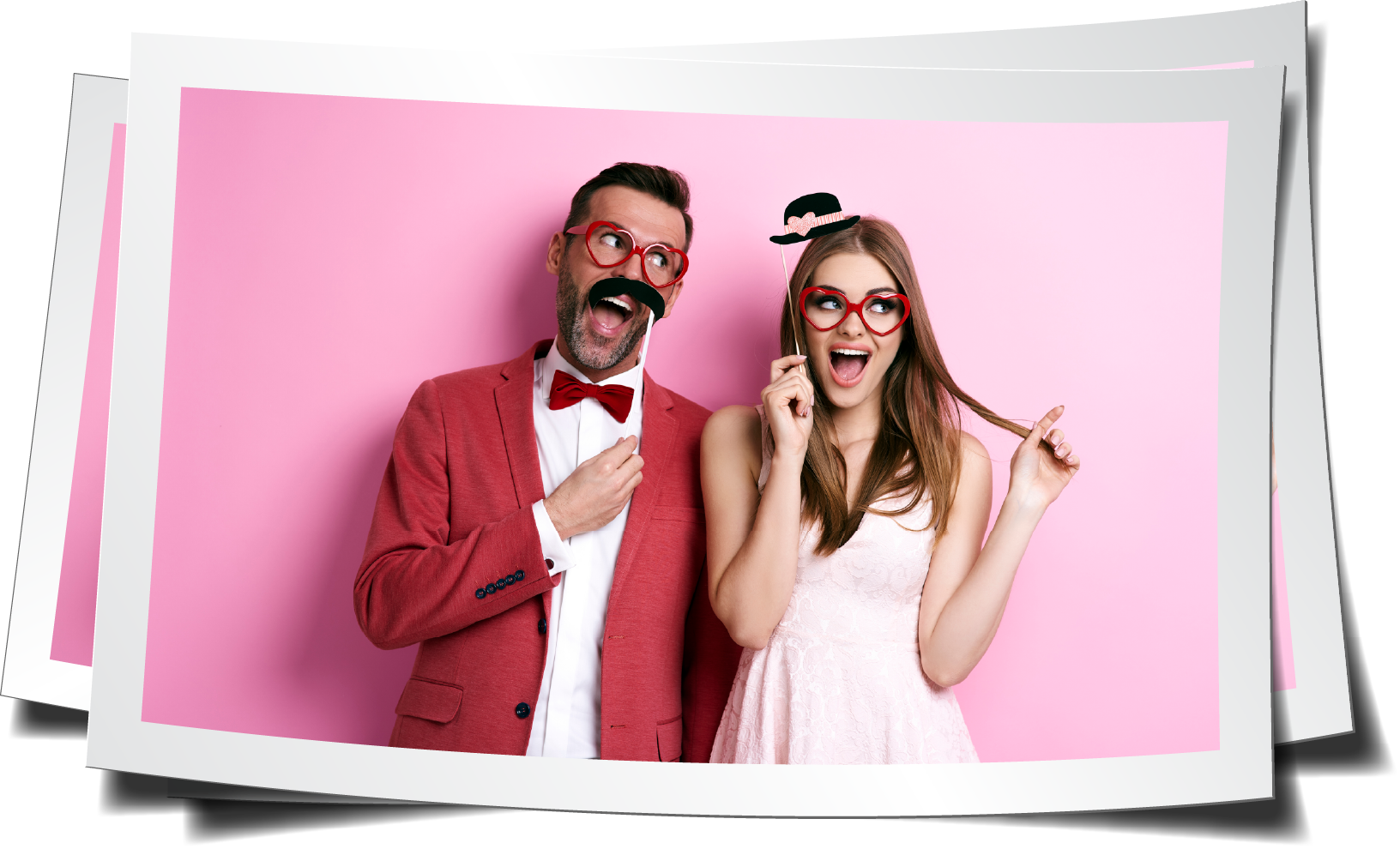 A man and a woman are posing for a picture with fake mustaches and glasses.