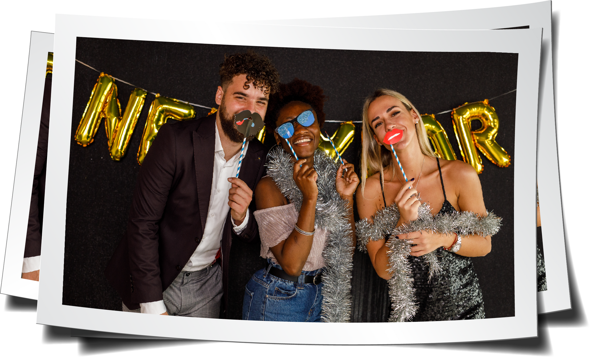 A group of people are posing for a picture at a new year 's eve party.