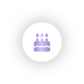 A purple birthday cake with three candles in a white circle.