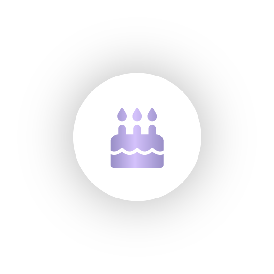 A purple birthday cake with three candles in a white circle.