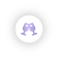 A purple icon of two wine glasses in a white circle.