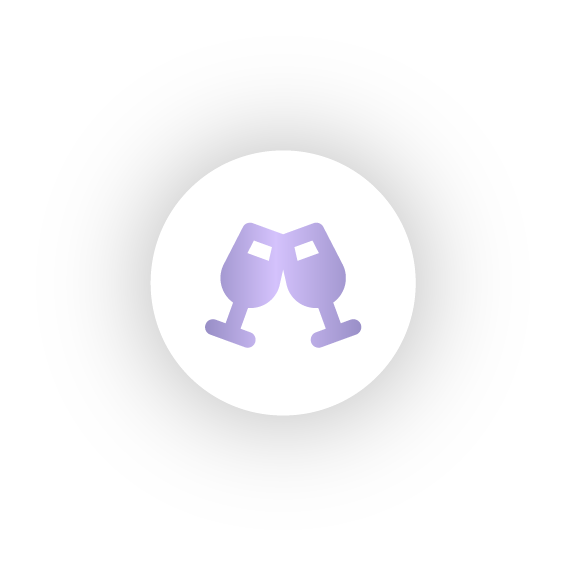 A purple icon of two wine glasses in a white circle.