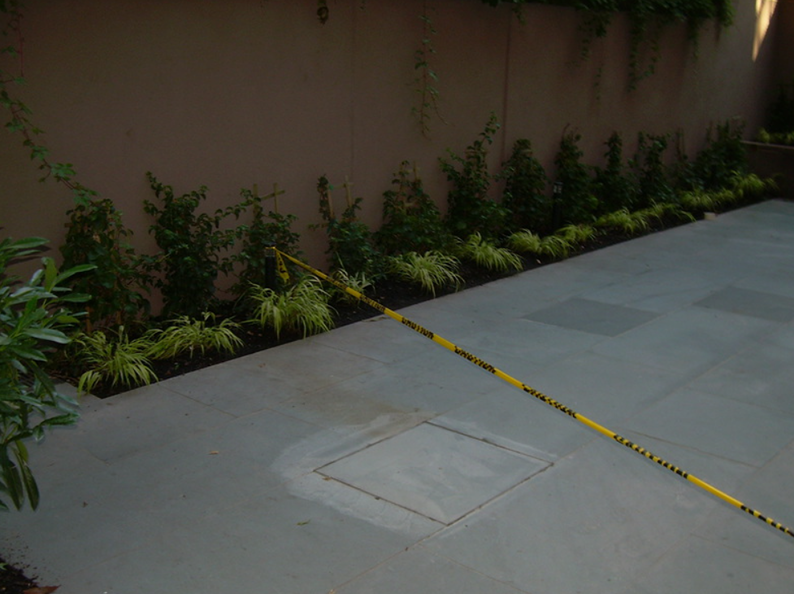 Concrete patio with yellow caution tape, small plants in a narrow bed against a brown wall.