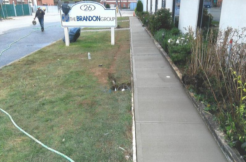 Sidewalk outside Brandon Court apartment building. Person walks past sign, grass and garden beds alongside the path.