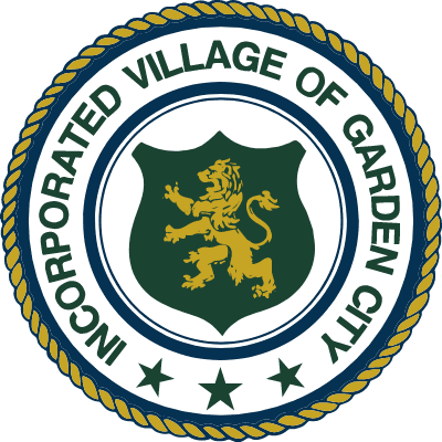 Seal of Garden City, NY, with a lion on a shield, surrounded by text and stars.