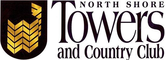 Logo for North Shore Towers and Country Club: a black emblem with gold, stacked chevron shapes and text.