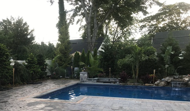 Pool surrounded by lush greenery, trees, and stone features. Cloudy sky overhead.