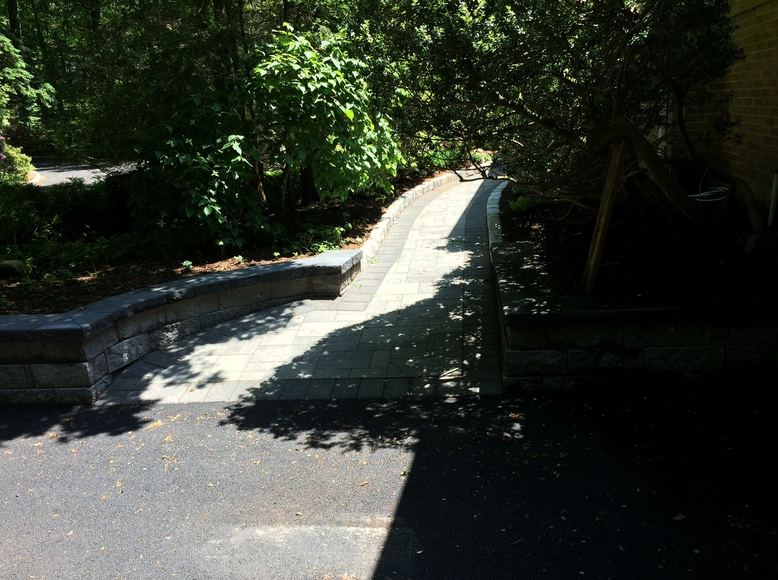 Paved walkway leading uphill, lined with retaining wall on the left and greenery on the right, in bright sunlight.