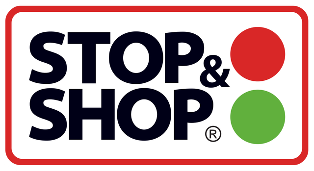 Stop & Shop logo: black text, red and green circles, outlined in red.