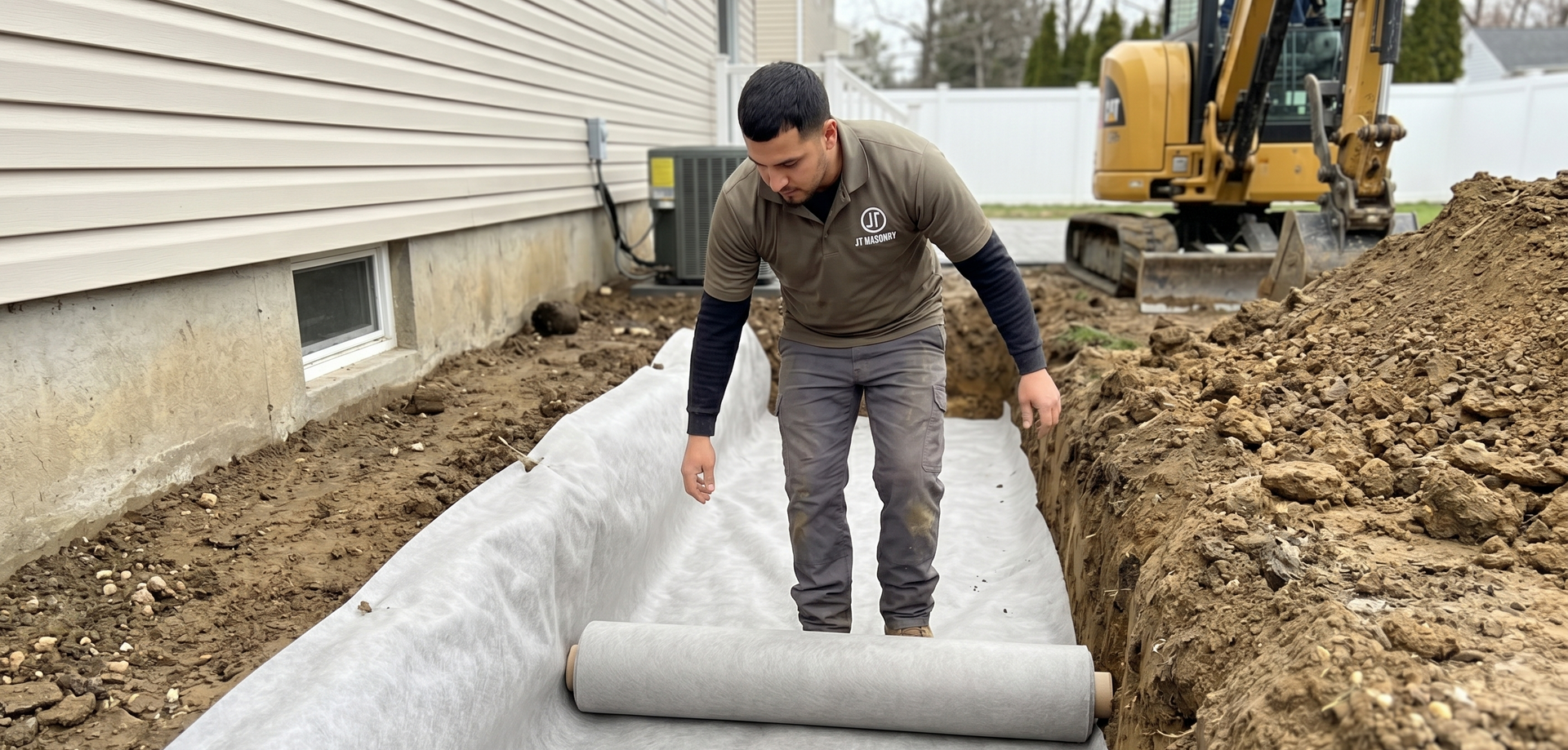 Person using a trowel to spread concrete on newly laid granite paving stones.