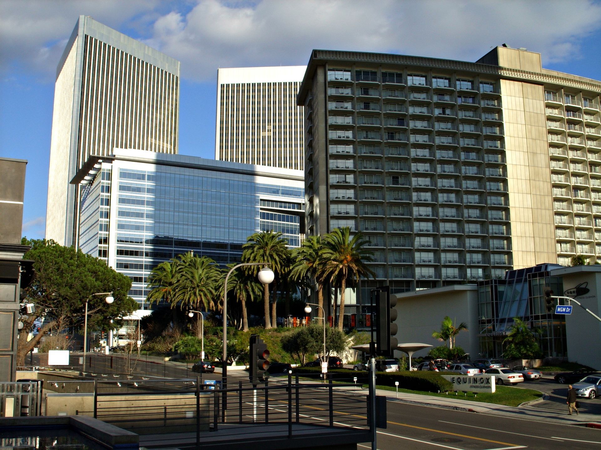 A city street with lots of tall buildings and palm trees