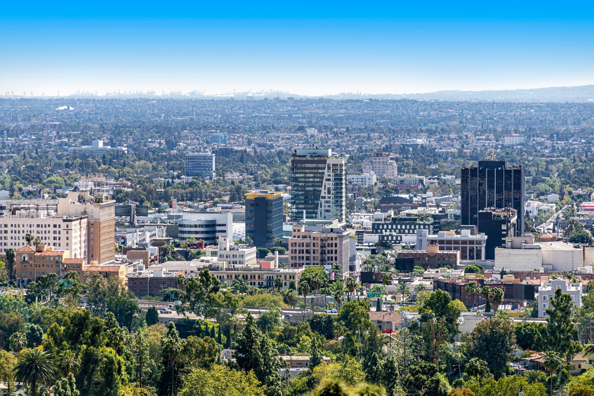 An aerial view of a city surrounded by trees and buildings.