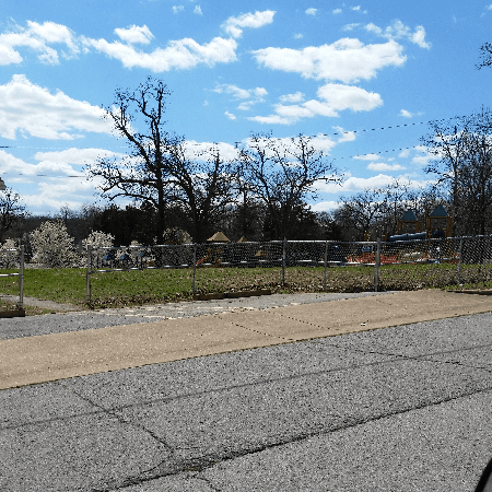 A sunny outdoor scene with a fence, grass, trees, and a blue sky with clouds.