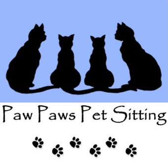 Black silhouettes of four cats against a blue background, with the text 