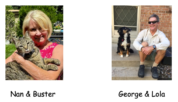 Nan holds a large tabby cat, Buster. George sits with a black and white dog, Lola, on a porch.