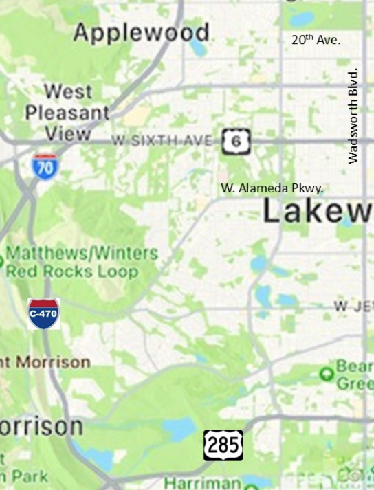 Map of the Lakewood, Colorado area, showing major roads and neighborhoods like Applewood and Morrison, with the 6 and 285 highways highlighted.