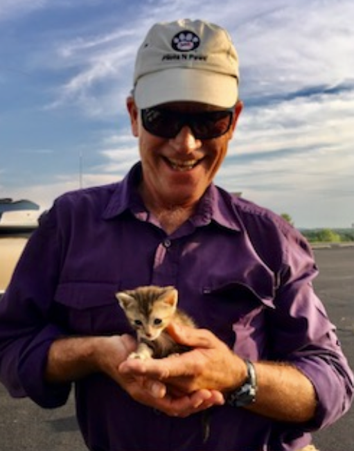 Man in purple shirt and sunglasses holding a small tabby kitten, smiling. Outdoors, sunny day.