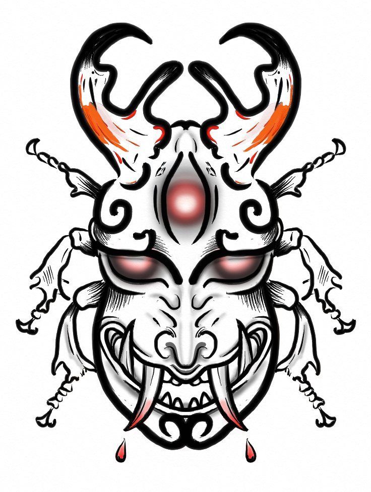 Beetle-faced mask with horns and glowing red eyes, black and white with orange highlights, dripping blood.